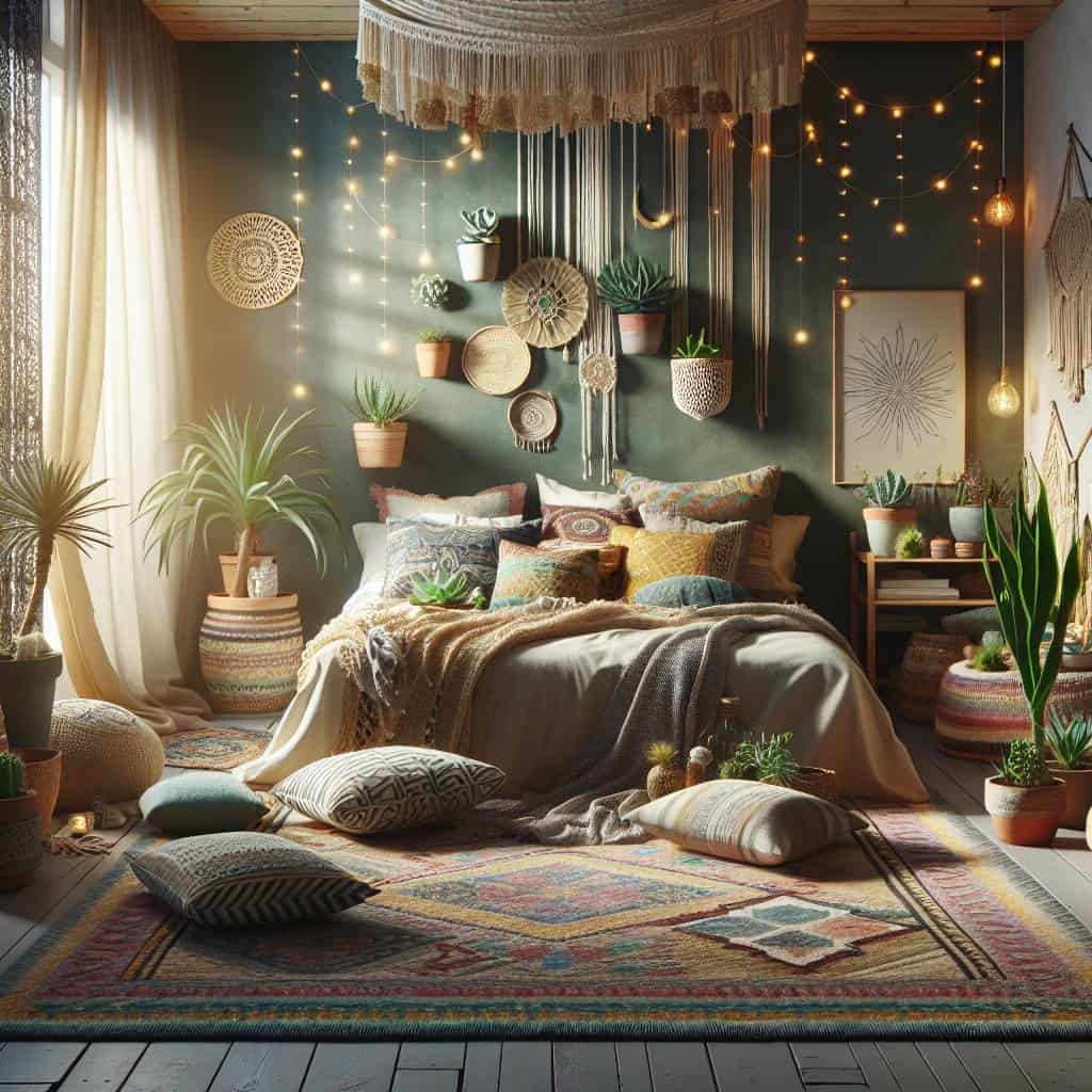 Achieving a bohemian bedroom design with decor.